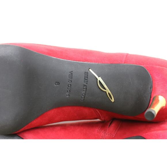 New Brian Atwood Boots 8M Red Suede Mcalester Bootie Replaceable Heel Caps - Picture 7 of 13